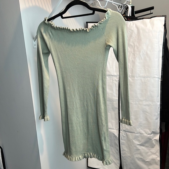 Threadbare Brooke Ribbed Off-the-Shoulder Fitted Dress w/ Frilled Edges in Sage - Picture 3 of 4